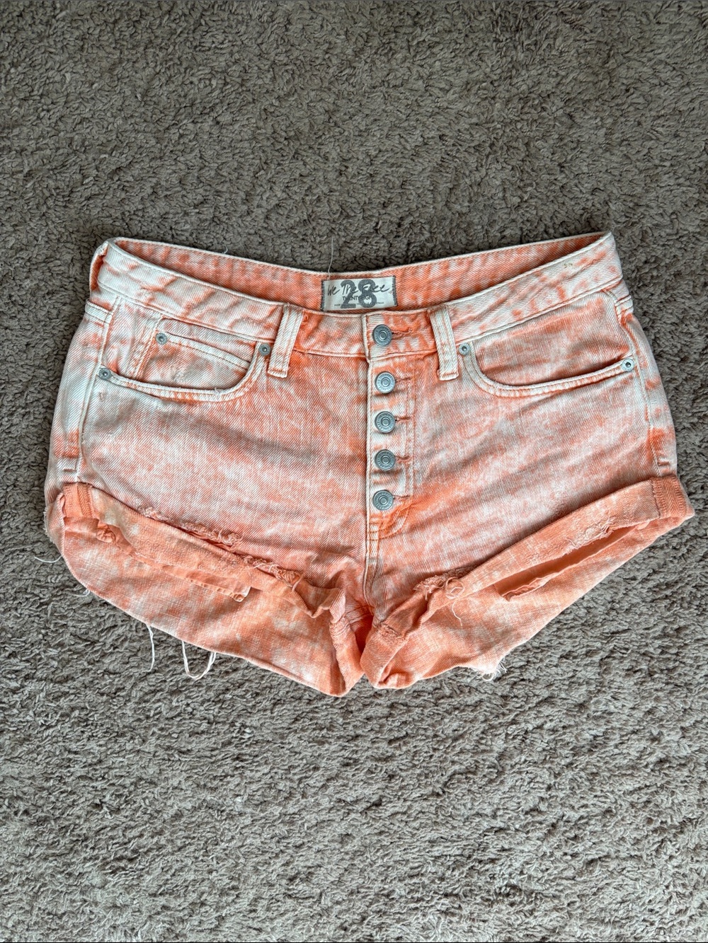 We The Free Button-Front Orange Acid-Wash Women's Denim Shorts